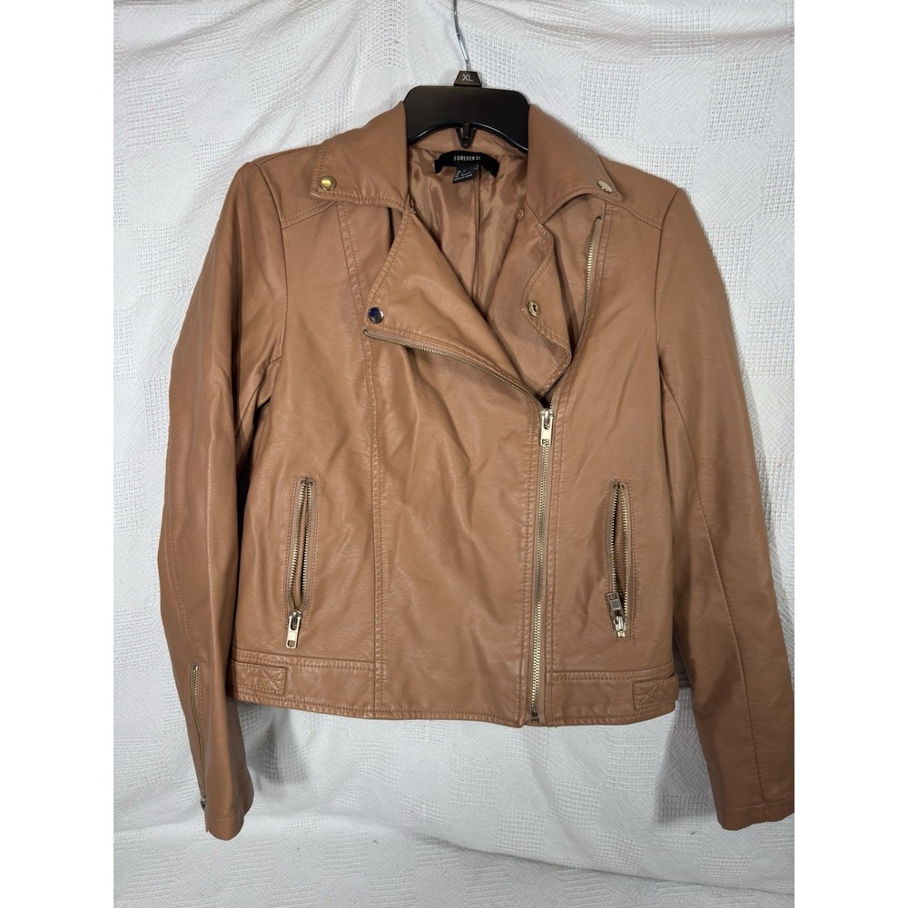 Forever 21 Womens Brown Faux Leather Zip Up Jacket Size Small